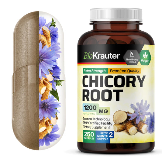 BIO KRAUTER Chicory Fiber Supplement - 1200 mg Strength - 250 Count - Chicory Root Powder - Inulin Capsules for Digestive Support - Vegan