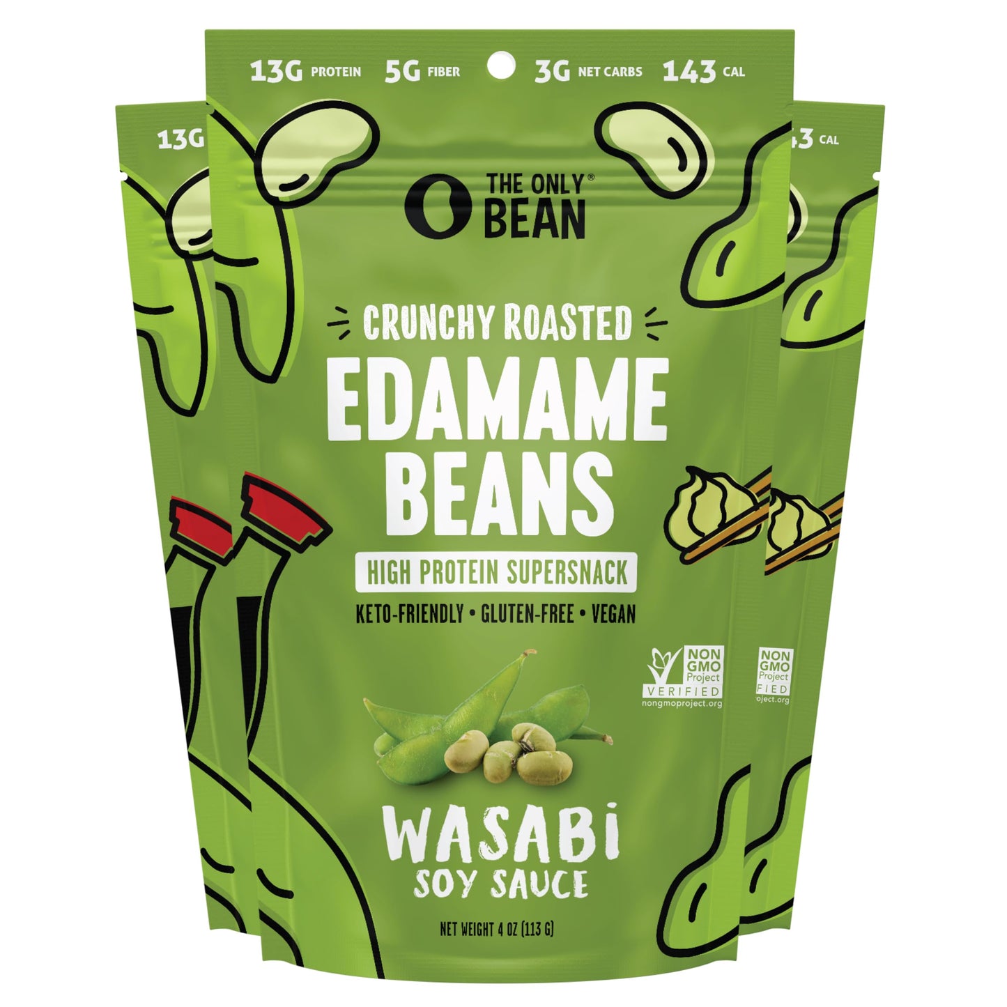 The Only Bean Edamame Dry Roasted Edamame Beans Snack Wasabi Soy Sauce Wasabi Peas Alternative Asian Japanese Snacks Healthy High Protein Snacks Low Carb Gluten Free 4oz Pack of 3