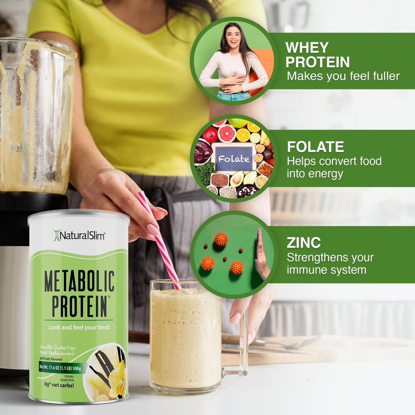 Naturalslim Meal Replacement Protein Powder Vanilla - Metabolic Protein Powder Help Curb Cravings, Hunger & Metabolism Support - Low Carb Breakfast Shake Mix - 10 Servings, 17.6oz
