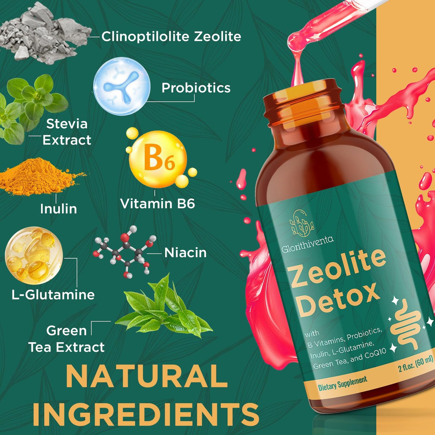 Glorithiventa Zeolite Detox for Adults, Zeolite Liquid Drops with Vitamin B, Probiotic Blend, Gentle Detox for Adults, Energy, Gut, Focus - 2 Fl Oz (1 Bottle)