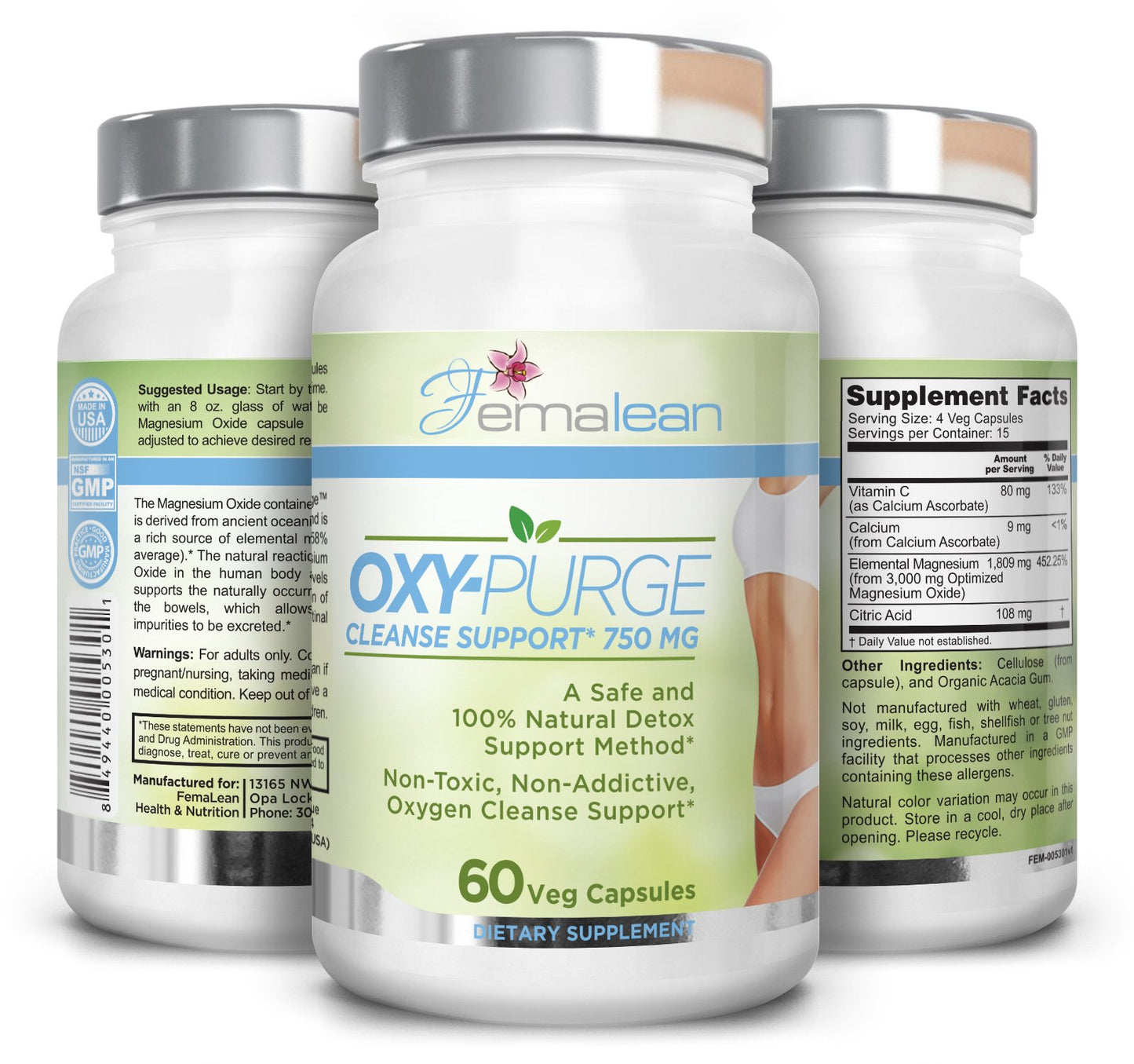 Femalean Oxy-Purge 750 mg 60 Vcaps - Natural Magnesium Oxide Oxygen Based Colon Cleanse Gentle Laxative Supports Healthy Digestive Tract Regularity