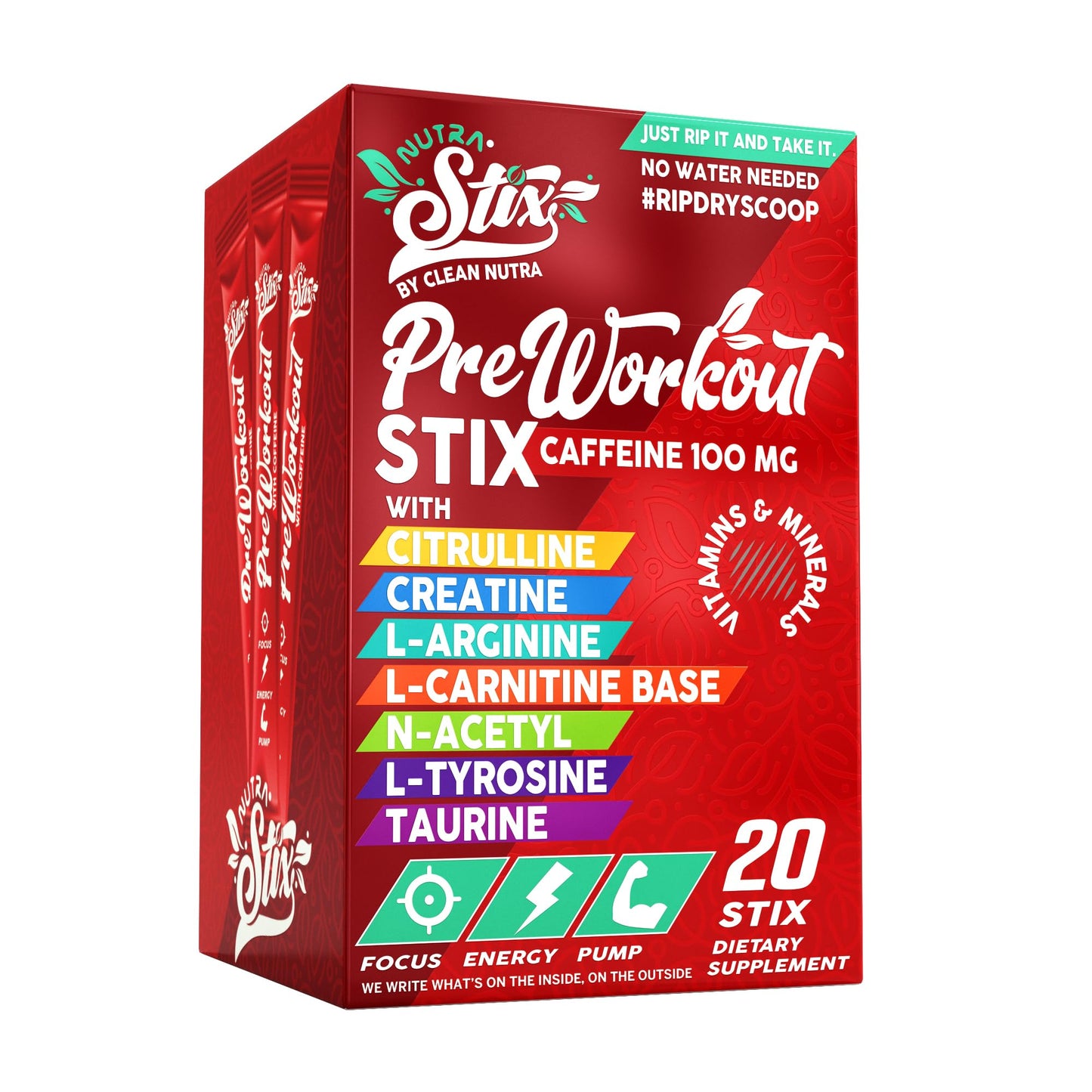 Pre-Workout Stix with 100mg Caffeine, Citrulline, Creatine, L-Arginine, L-Carnitine, N-Acetyl L-Tyrosine, Taurine - 20 Count by Clean Nutra (1)