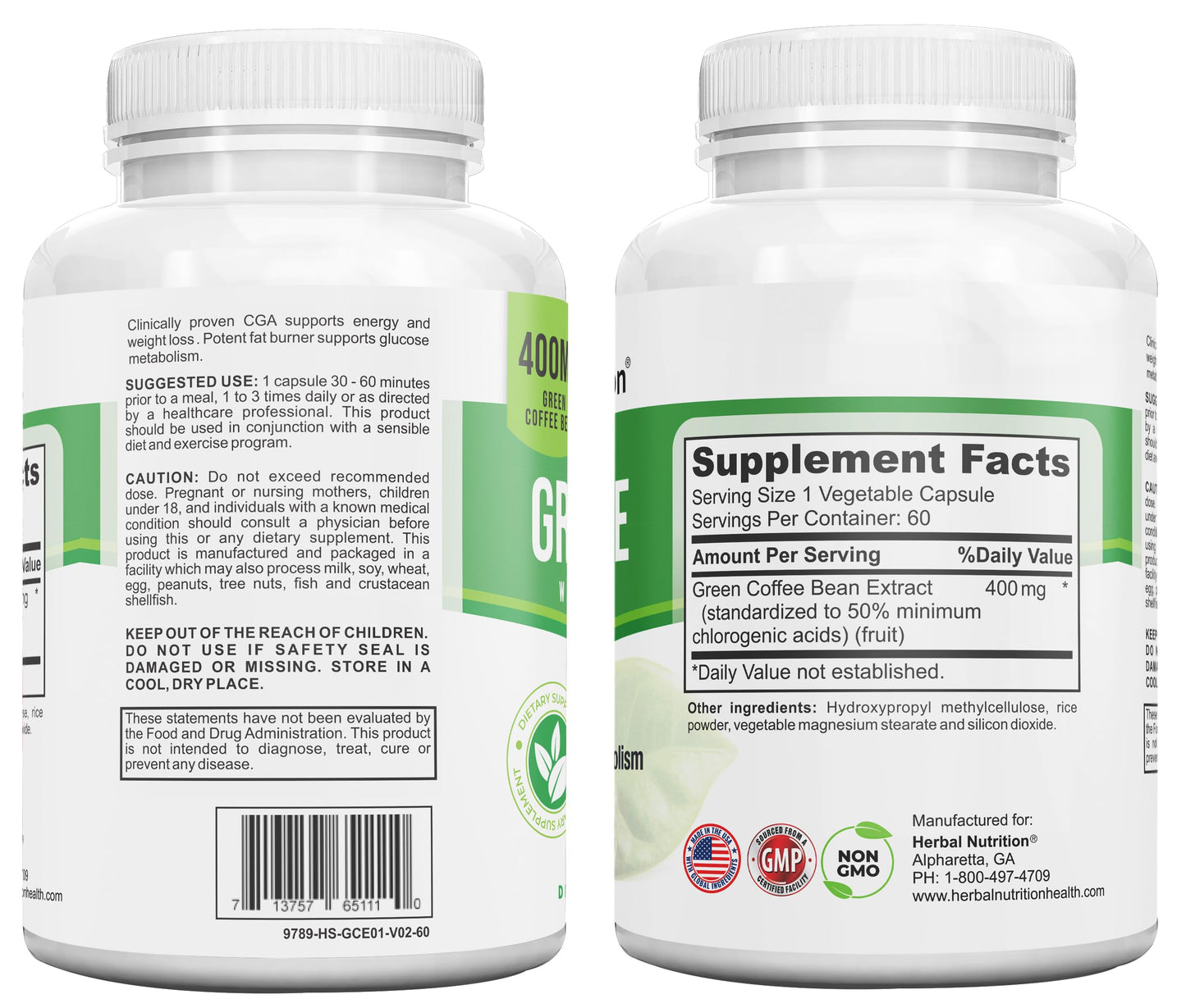 Herbal Nutrition BOGO Pure Green Coffee Bean Extract, Two Bottle Pack, 120 Capsules, Multi-Level Dosing 400mg - 1200mg Per Serving, 50% Chlorogenic Acid. Weight Loss & Cleanse Supplement