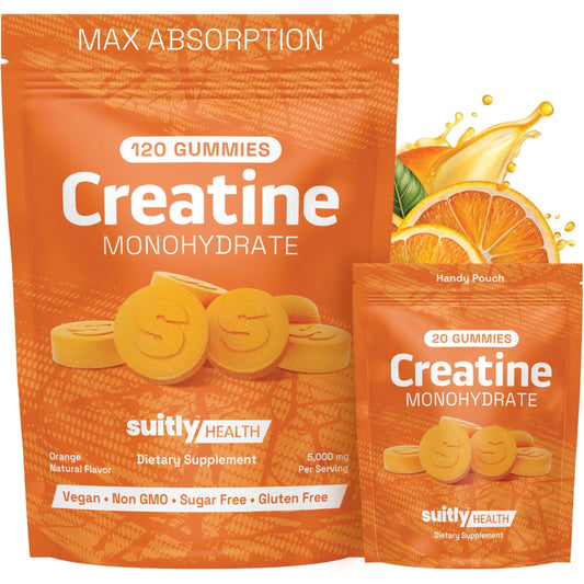 Suitly Creatine Monohydrate Gummies for Men & Women, 5g Sugar-Free Creatine Monohydrate Gummies for Muscle Gain & Recovery, Delicious Pre Workout Chews with Handy Pouch (Orange, 120 Count)