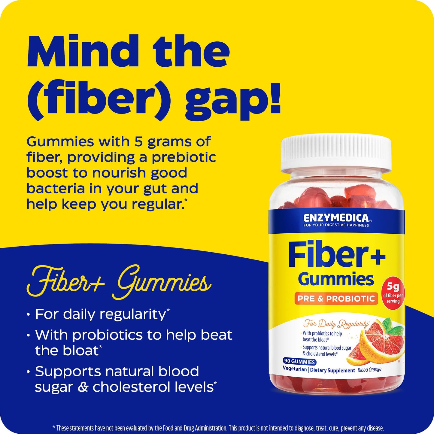 Enzymedica Fiber+ Gummies with Prebiotics & Probiotics for Daily Regularity, Vegetarian, 5g Fiber, Natural Chewable Digestive Health Supplement, Kids & Adult Women & Men, Blood Orange Flavor, 90 ct