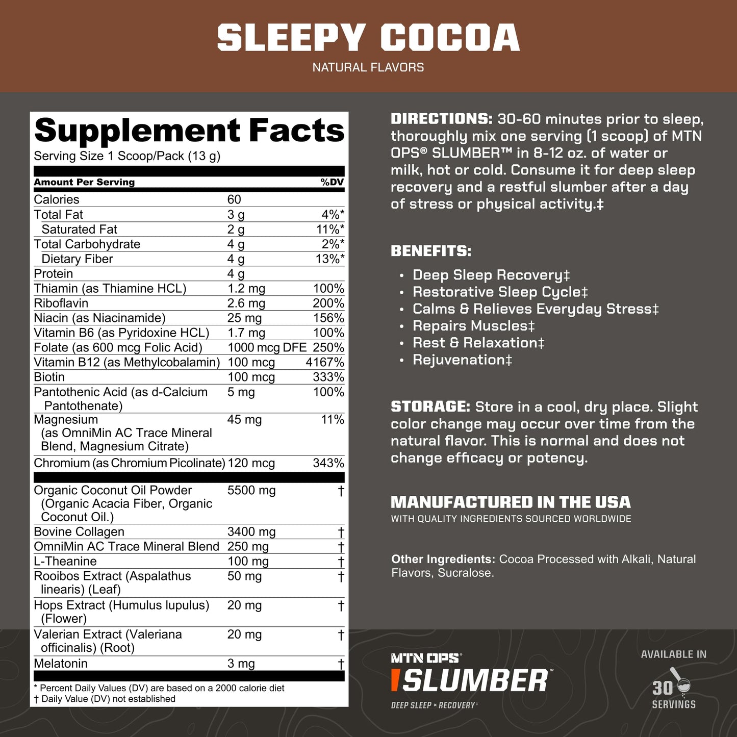 MTN OPS Slumber Deep Sleep Aid & Muscle Recovery Supplement - 30 Servings, Sleepy Cocoa