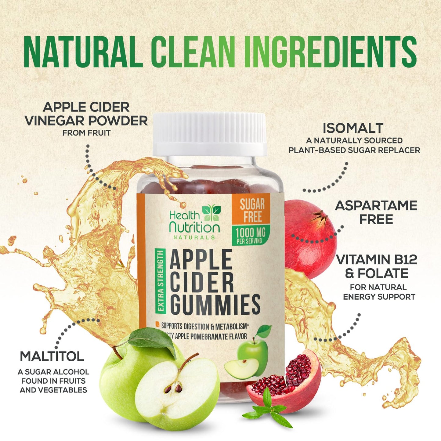 Vegan Apple Cider Vinegar Gummies | Max Strength 1000mg | Sugar Free ACV Supplement Gummy Vitamins Supports Digestion, Metabolism, Natural Apple Flavor with Mother, Non-GMO, Gluten Free - 60 Gummies