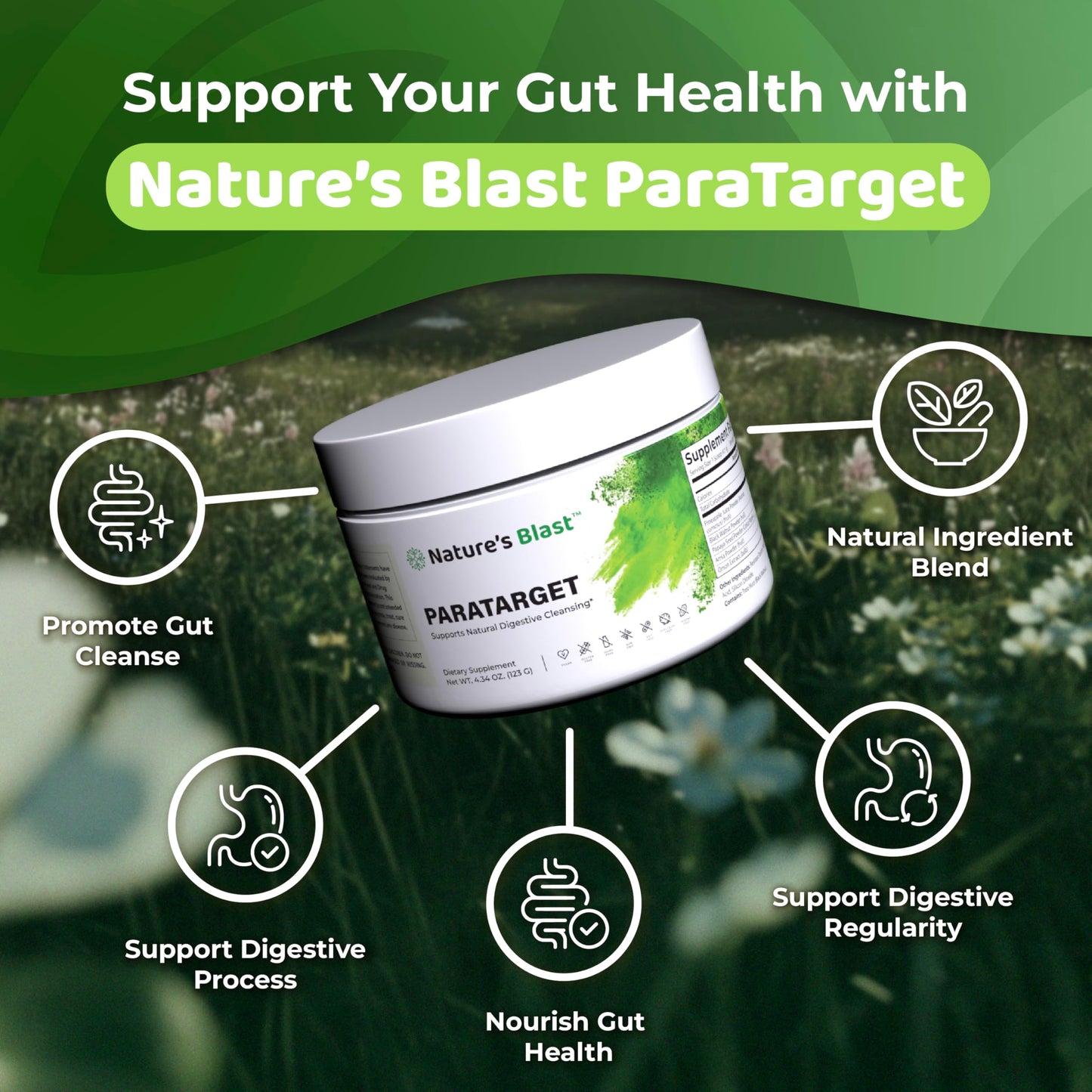 NATURES BLAST ParaTarget - Gut Cleanse Powder Supplement - Intestinal Gut Health Formula with Black Walnut, Wormwood, Turmeric & More - Natural Wellness Supplements for Women & Men - 30 Servings