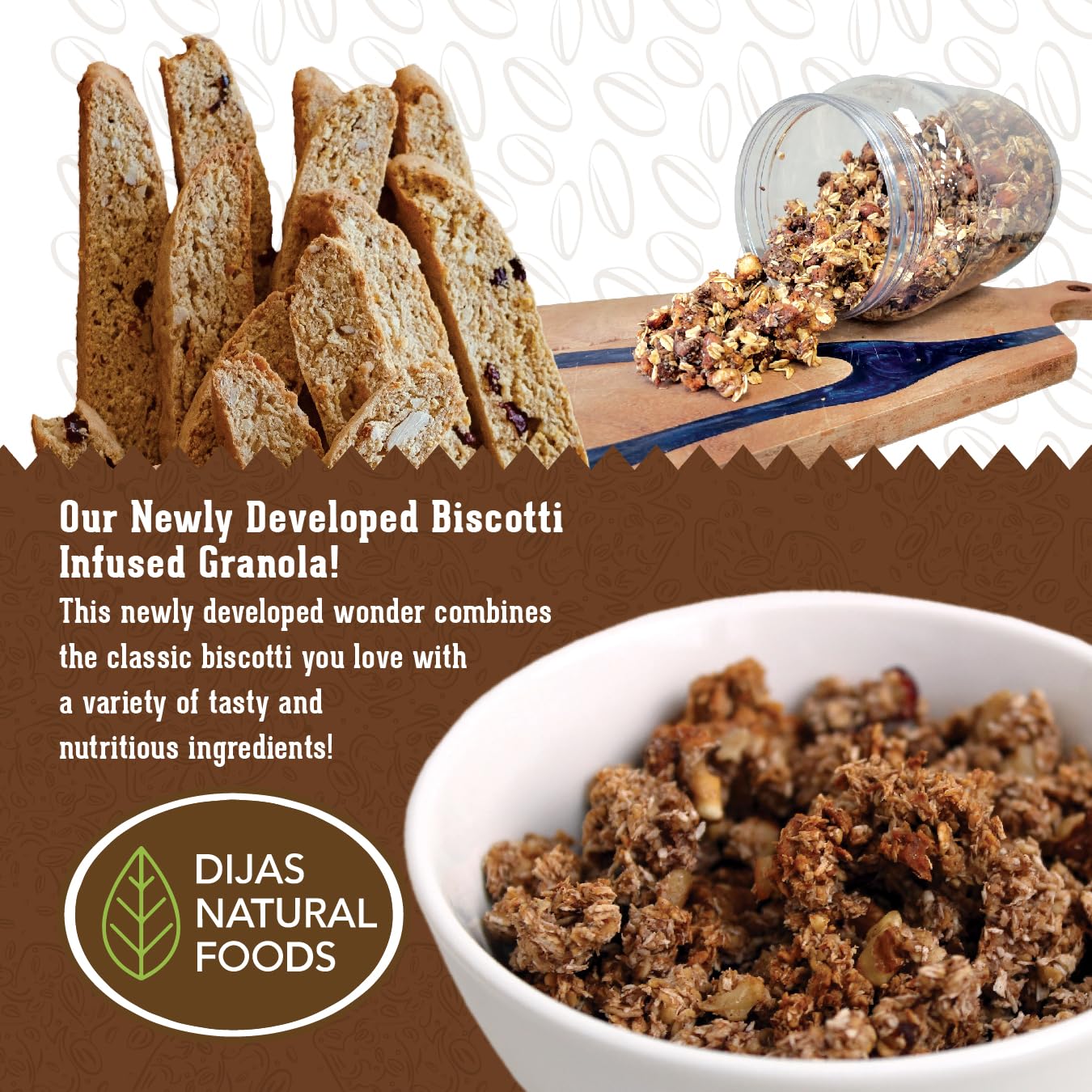 DIJAS Natural Foods Low Fat Biscotti Granola All Natural Preservative Free Ingredients Delicious Low Calorie Snack 16 oz Granola
