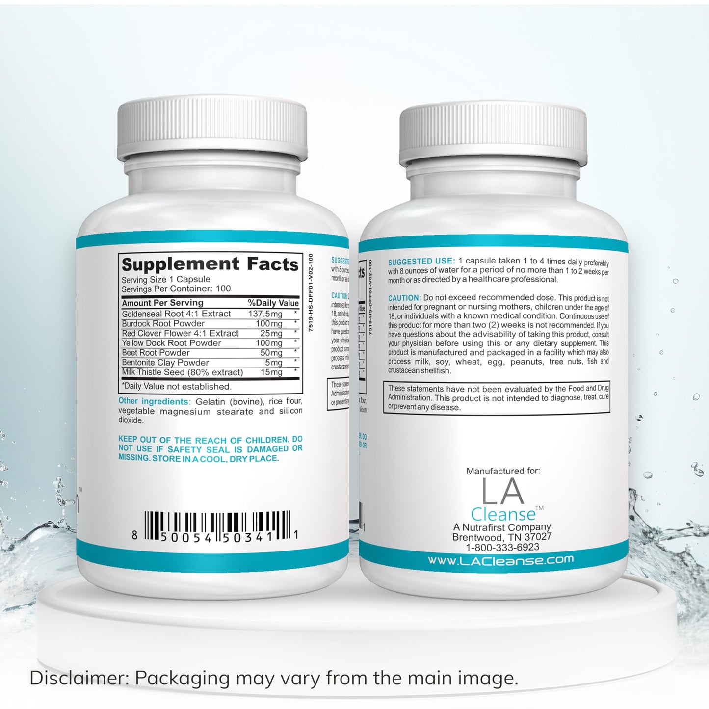 LA Cleanse Detoxifier Flush Detox Supplements - 100 Capsules - 137.5 mg Goldenseal Root with Burdock Root Powder, Yellow Dock Root, & Milk Thistle Seed - Body Cleanse Detox for Women and Men