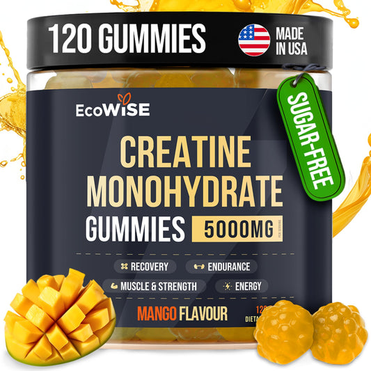 EcoWise Wellness Creatine Monohydrate Gummies 5g, Chewables for Men & Women, Creatine for Men, Gluten-Free, Sugar Free, Vegan, 120 Count, Mango