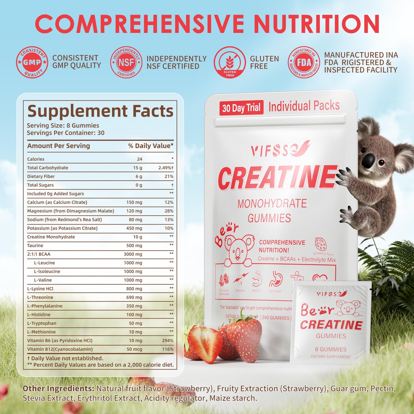 VIFSSG Creatine Monohydrate, Creatine Chewable 240 Gummies for Women and Men with 10 Creatine Monohydrate, Mix BCAAs and Electrolytes per Serving, Strawberry Sugar Free Gummies for Muscle Strength