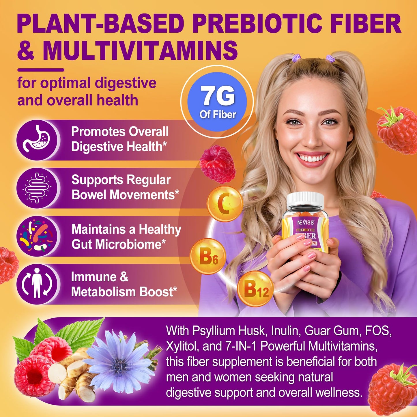 Fiber Gummies with Probiotics for Adults, 7G Soluble Fi ber + Insoluble Fi ber, Sugar Free with Psyllium Husk, Inulin, Fos, Multivitamins for Daily Digestive Health, Regularity Gut Support, Pack of 2