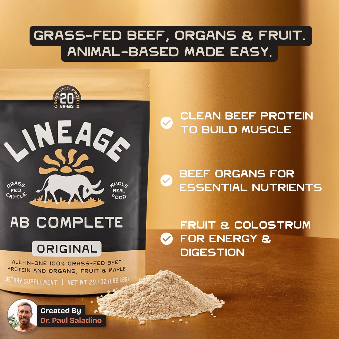 Lineage Provisions Grass Fed Beef Protein Powder - Original Flavor - Nose to Tail Animal Protein Powder Including 100% Grass Fed and Finished Beef Organs, Colostrum, and Fruit - 1.8 lbs (30 Servings)