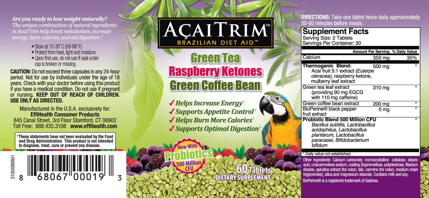 AcaiTrim- Weight Loss Supplement- Green Tea Extract, Green Coffee Bean Extract, Raspberry Ketones, Acai, & Probiotics - Supports Metabolism & Energy for Men & Women- 60 Acai Berry Capsules