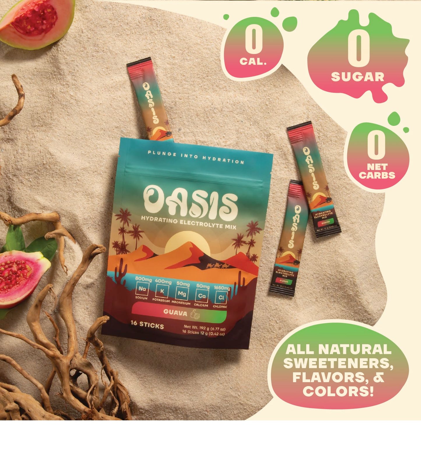 Oasis Electrolyte Powder - Sugar Free, Zero Calorie, Natural Flavor Hydration Packets for Workout or Going Out | ORS Hydration Powder Solution with 5 Electrolytes, Vitamin C | Guava (16 Sticks)
