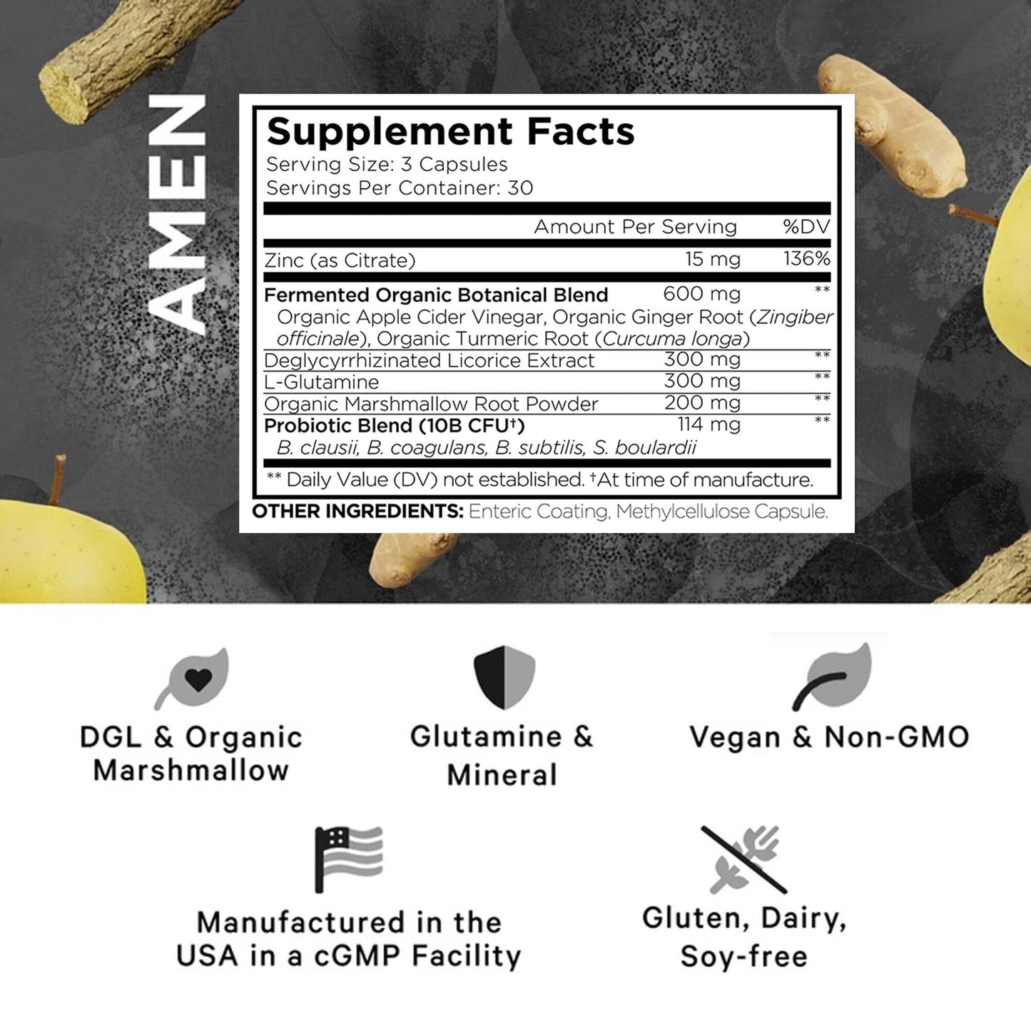 Amen Leaky Gut Supplement - Advanced Formula with Bioavailable L Glutamine, Zinc, Turmeric, DGL Licorice Root - Marshmallow Root - Probiotics & Fermented Prebiotics - Vegan, Non-GMO - 90 Capsules