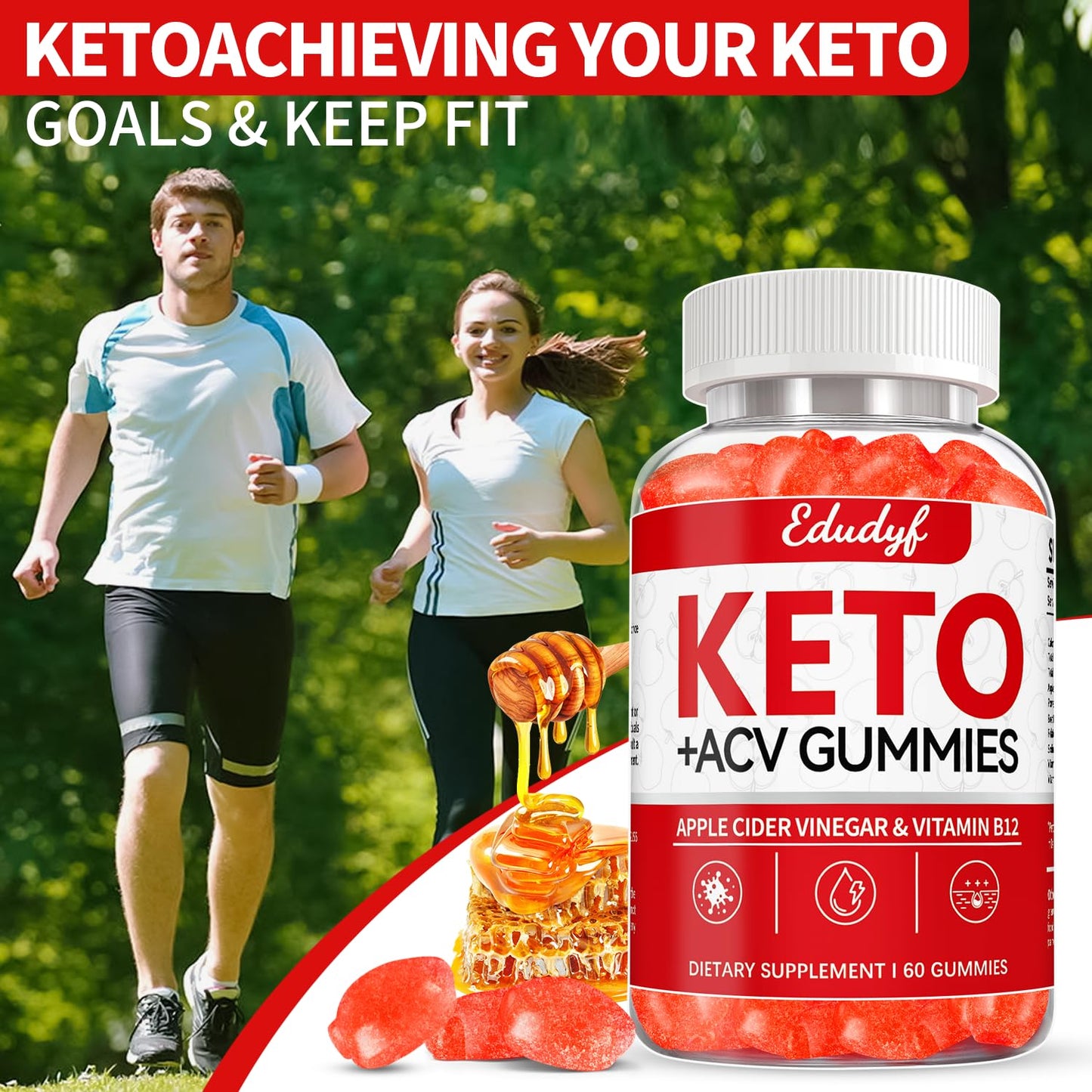 EDUDYF Keto ACV Gummies - 60 Count Gluten-Free, Gelatin-Free Apple Cider Vinegar Gummies with B12 for Keto Support, Vegetarian, Unique Flavor, Convenient Bottled Supplement for Men & Women
