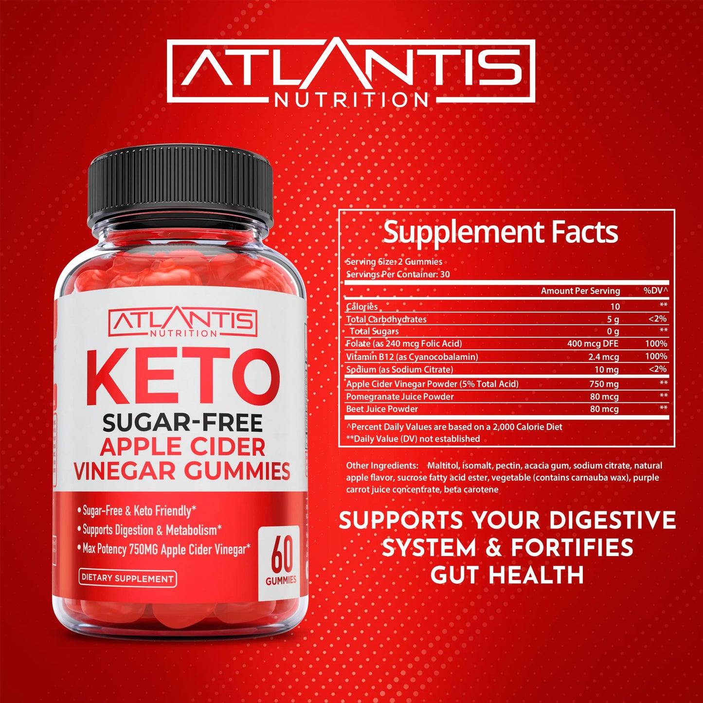 Atlantis Nutrition Sugar-Free Keto ACV Gummies for Weight Loss - Apple Cider Vinegar Gummies Formulated with 750MG ACV Per Serving - Supports Digestion, Weight Loss, Detox & Cleansing - 60 Count