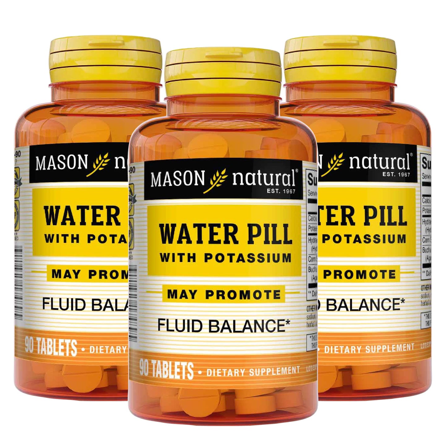 Mason Natural Water Pill with Potassium and Calcium - Supports Fluid Balance, Helps Relieve Bloating and Swelling, Natural Diuretic Supplement, 90 Tablets (Pack of 3)