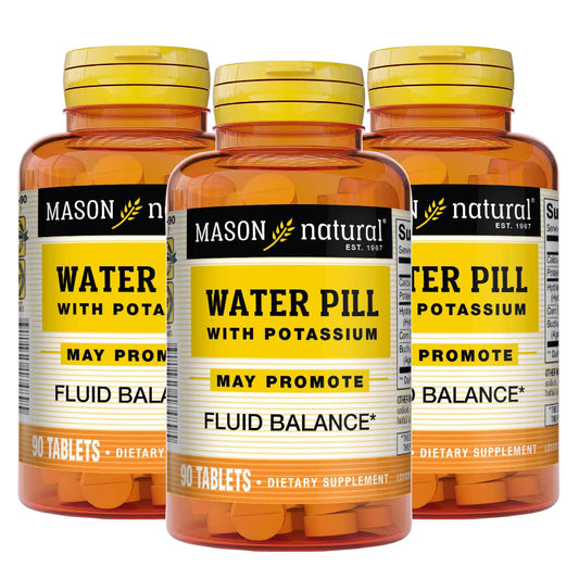 Mason Natural Water Pill with Potassium and Calcium - Supports Fluid Balance, Helps Relieve Bloating and Swelling, Natural Diuretic Supplement, 90 Tablets (Pack of 3)