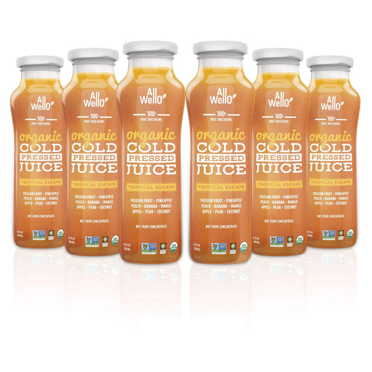 AllWellO Organic Cold Pressed Juice Drinks with Real Fruits and Vegetables Gluten Free NonGMO Healthy Juices No Preservatives No Sugar Added Tropical Escape 6 Pack