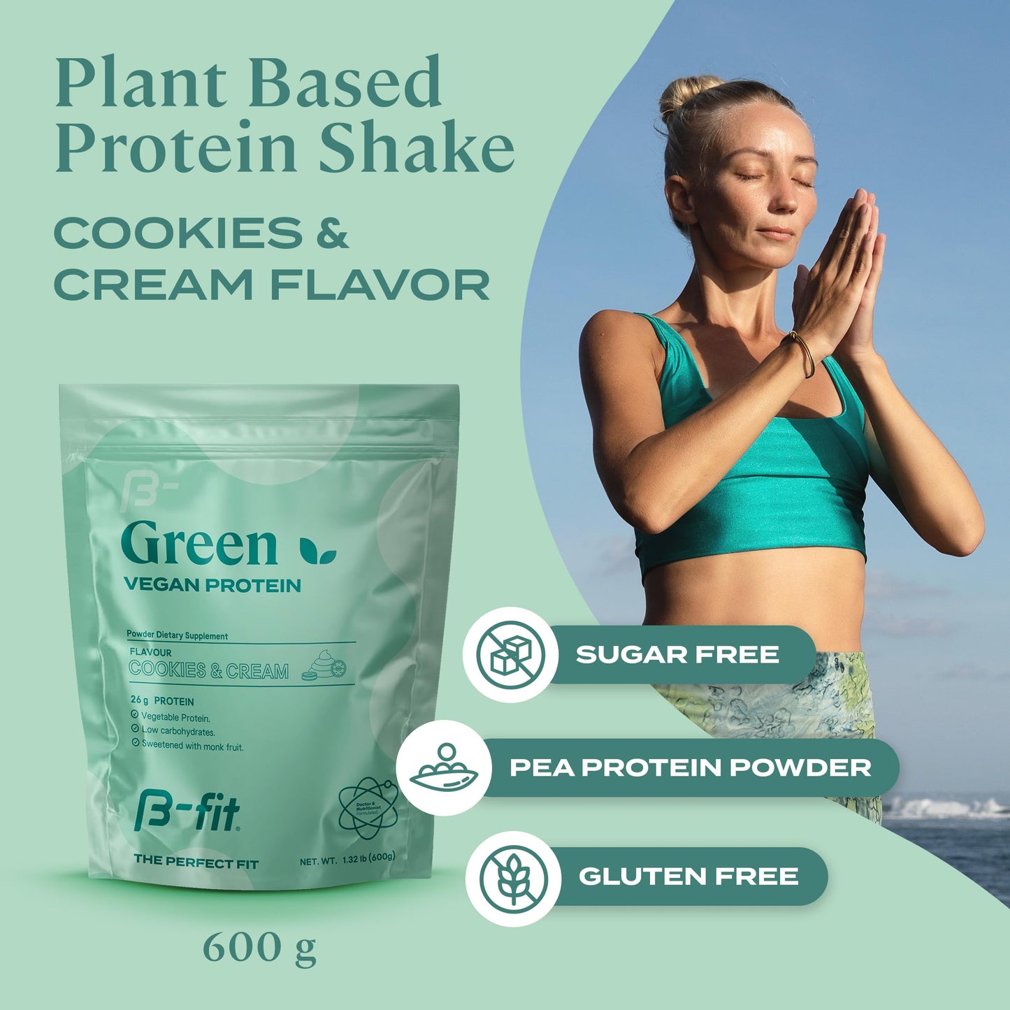 B-FIT B Vegan Pea Protein Powder 600g - Plant Based Protein Shake - Cookies & Cream Flavor - 19 Servings - Sugar-Free & Gluten-Free - 26g of Organic Pure Protein