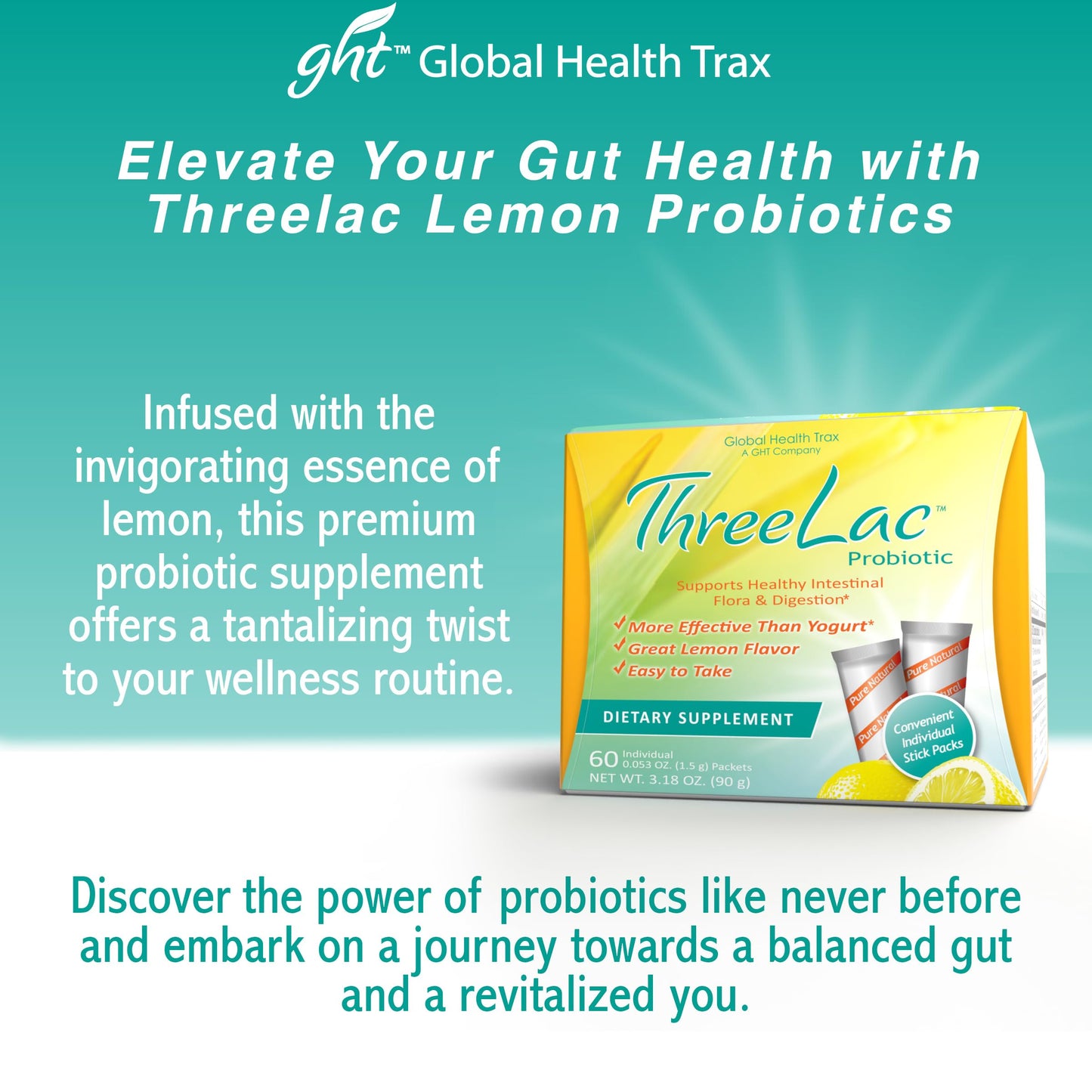 Global Health Trax ThreeLac Lemon Probiotic Drink Mix for Digestive Health - Advanced Probiotic Powder Formula for Men, Women, and Kids - Immune Support & Gut Balance, Non-GMO - 120 Packets