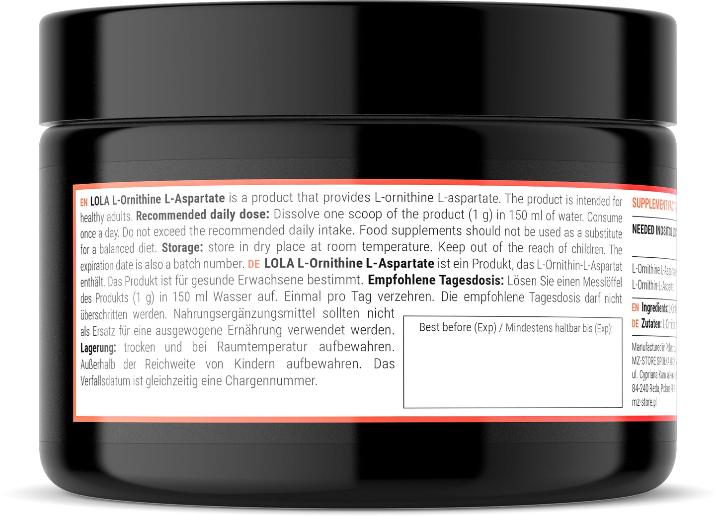 LOLA (L-Ornithine-L-Aspartate) Powder 80g -Mix of Two Amino Acids: Ornithine and L-aspartic Acid 1000 mg per Serving - 80 Servings per Pack - Diet Supplement - by MZ