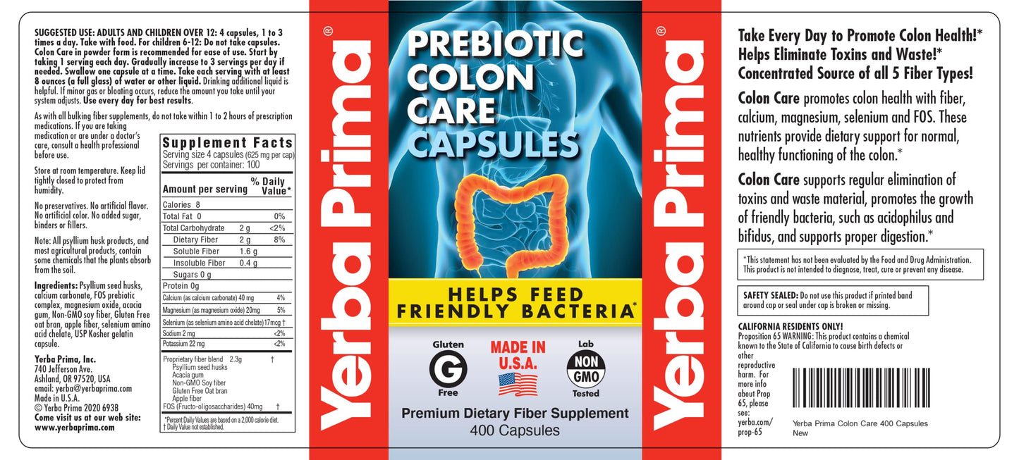 Yerba Prima Prebiotic Colon Care Capsules, 400 Caps (Pack of 2) - Five Forms of Dietary Fiber Supplement - Healthy Soluble & Insoluble Fibers for Regularity & Digestive Support