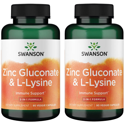 Swanson Zinc Gluconate '&' L-Lysine - 2-in-1 Formula 90 Veg Caps 2 Pack