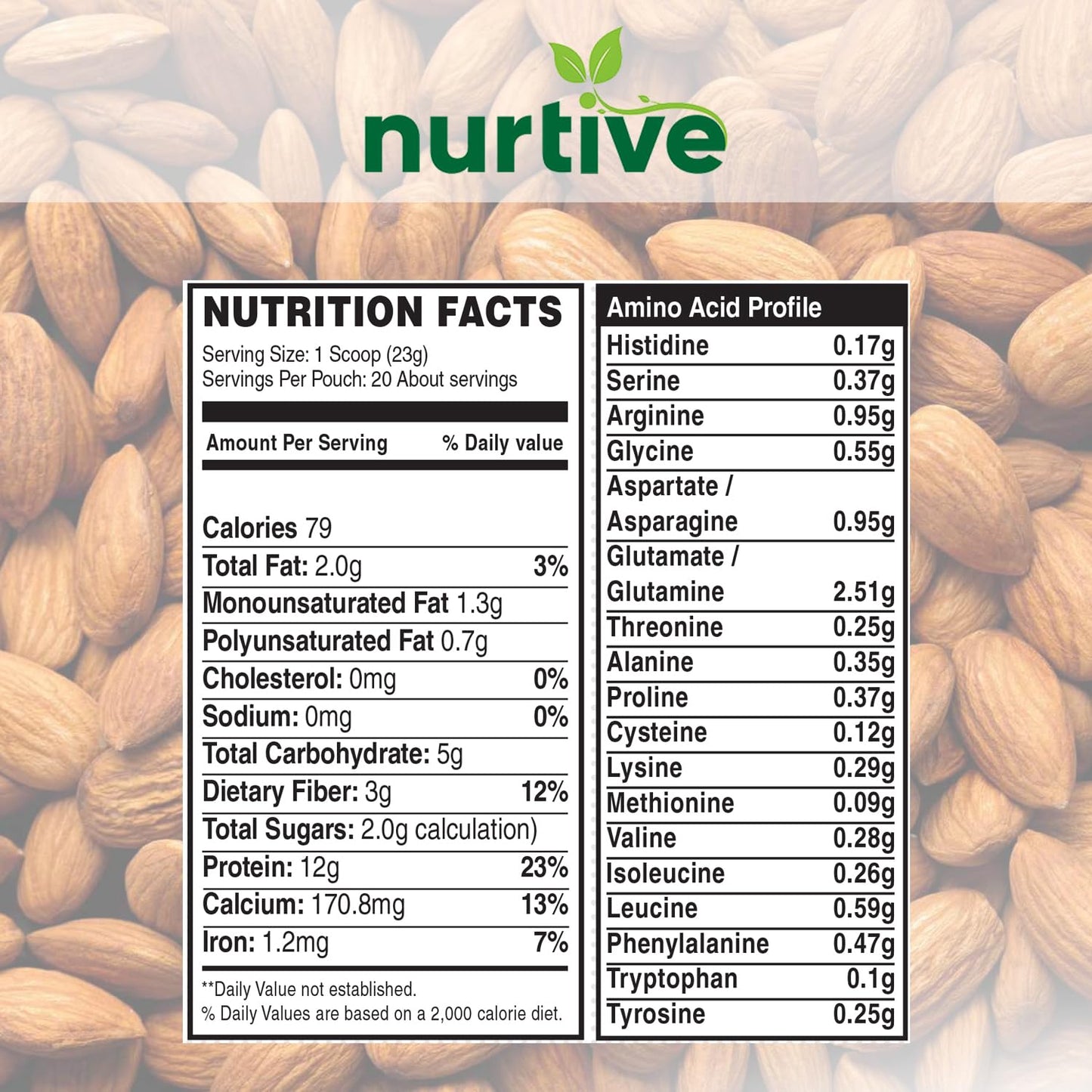 NURTIVE Almond Protein Powder - Rich in Antioxidants & Plant-Based - Nutritional Boost for Smoothies & Baking - Gluten Free, Non-GMO & Free from Artificial Additives - 20 Servings (16 oz / 454 g)