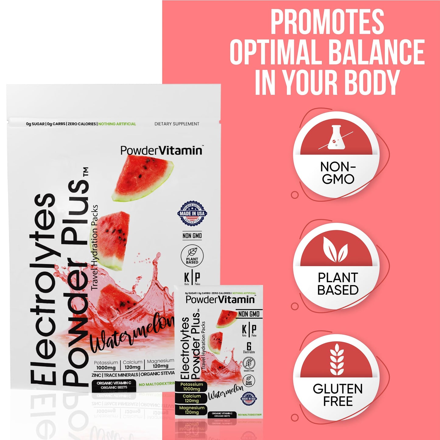 PowderVitamin Electrolytes Powder Plus, Keto, Watermelon, Sugar Free, 1000mg Potassium, 120mg Calcium, 120mg Magnesium, Non-GMO, Zero Calories, 30 Hydration Packets