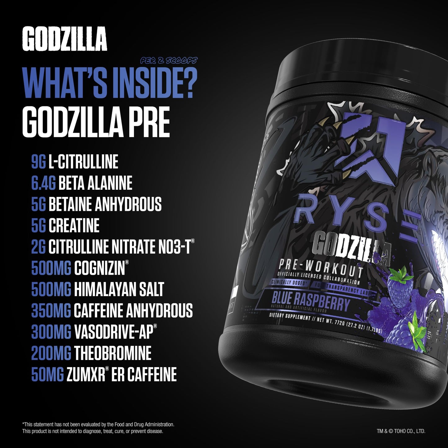Ryse Noel Deyzel x Godzilla Pre Workout | Intense Pumps, Energy, & Focus | Citrulline & Beta Alanine | 400mg Total Caffeine | 40 Servings (Blue Raspberry)