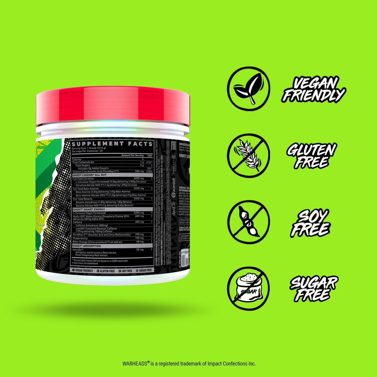 GHOST Legend All Out V2 Pre-Workout Powder, Warheads Sour Green Apple - 20 Servings - Pre-Workout Supplement for Men & Women - Energy & Pumps - Caffeine, Citrulline, Beta Alanine, Betaine & NO3-T