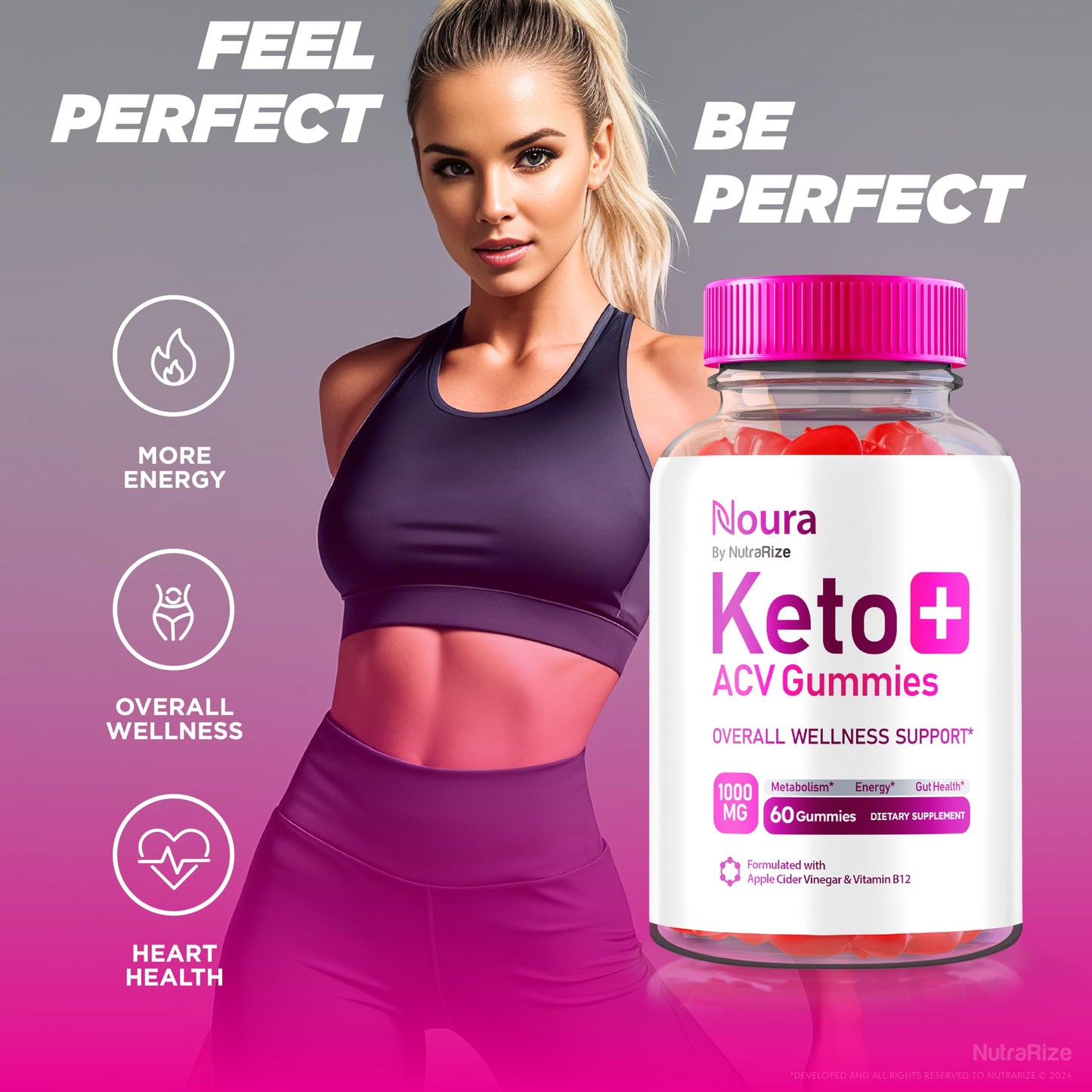 NutraRize (Pack of 2 Noura Keto + ACV Gummies, Official Keto Supplement, All Natural Keto Plus ACV, Apple Cider Vinegar Keto Reviews (120 Gummies)