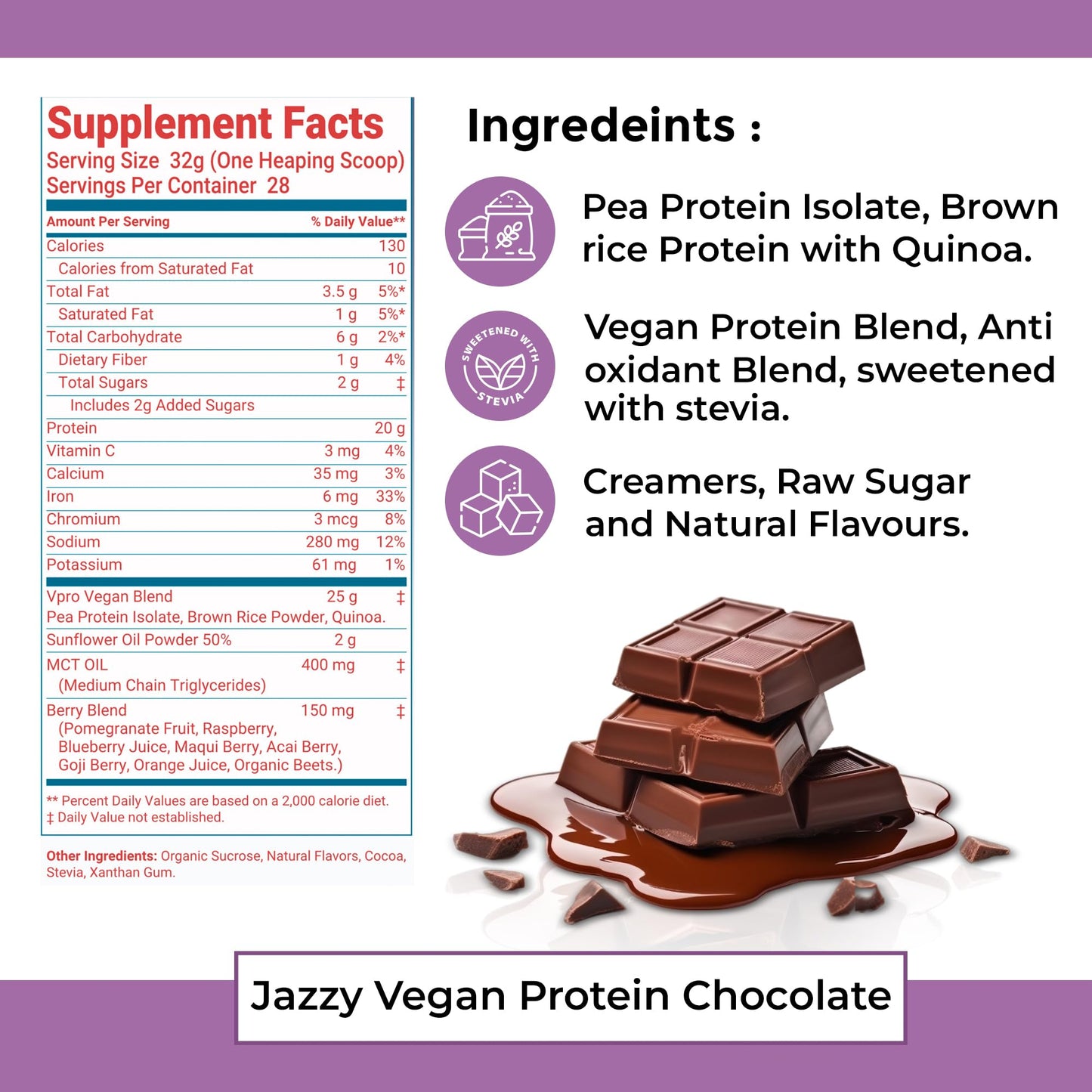 Jazzy Vegan Protein Powder for Women (907 gm) Chocolate Protein Powder, Lactose & Gluten Free Protein Blend, Plant Based, Nutrition for Energy Boost (28 Servings) Sweetened with stevia