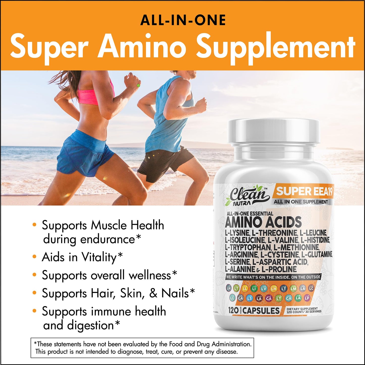 Clean Nutraceuticals Amino Acids Supplement L-Lysine, L-Threonine, L-Leucine, Isoleucine, Valine, L-Histidine, L-Tryptophan, L-Methionine, L-Arginine, L-Cysteine, L-Glutamine, L-Serine, Aspartic Acid