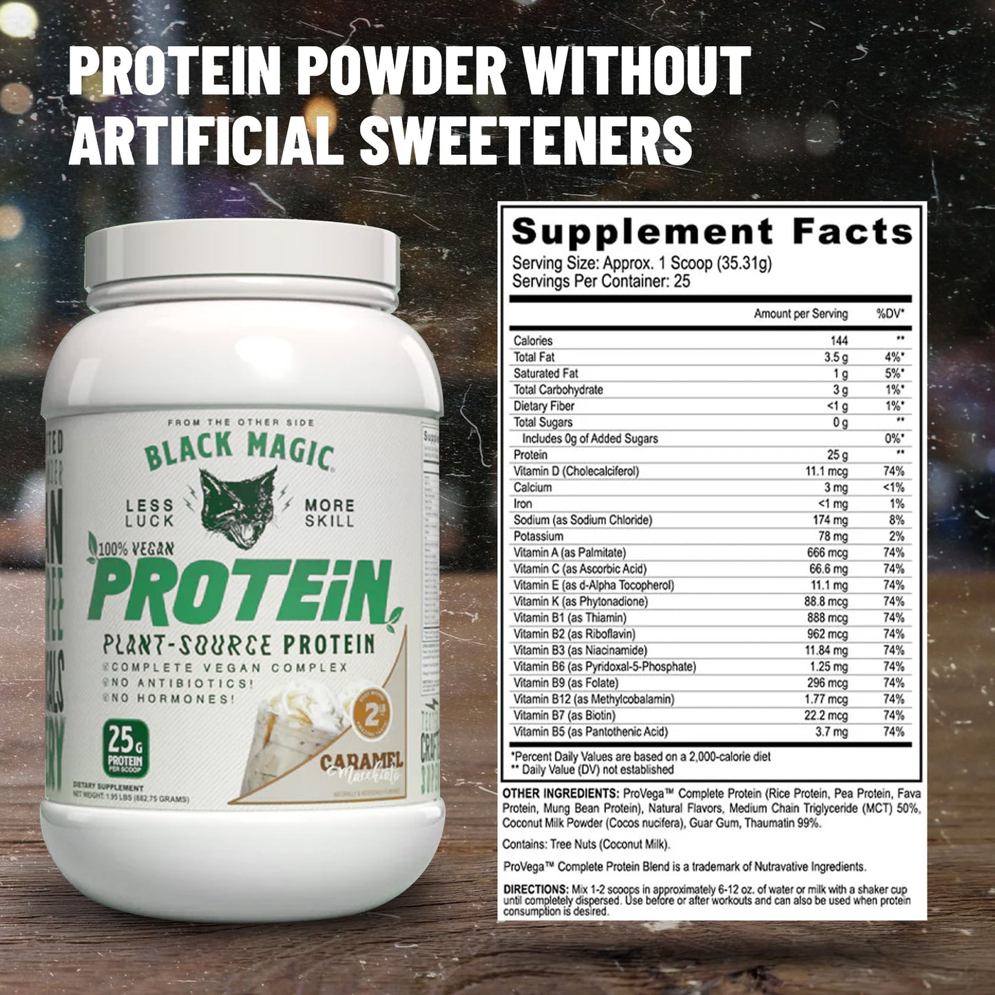 Worldwide Nutrition Bundle Compatible with Black Magic Multi-Source Protein Powder - Vegan Caramel Macchiato | High Protein Powder, Low Carb, Low Sugar | Whey, Egg & Casein Blend - 2 LB with Keychain