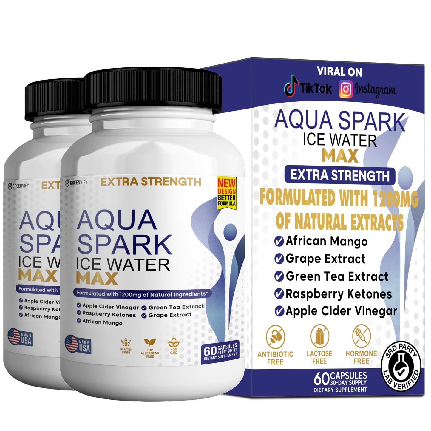 GREENVIFY Aqua Spark Ice Water Max, Extra Strength Weight Management Supplement, 60 Capsules, with Raspberry Ketones and Green Tea Extract (2)