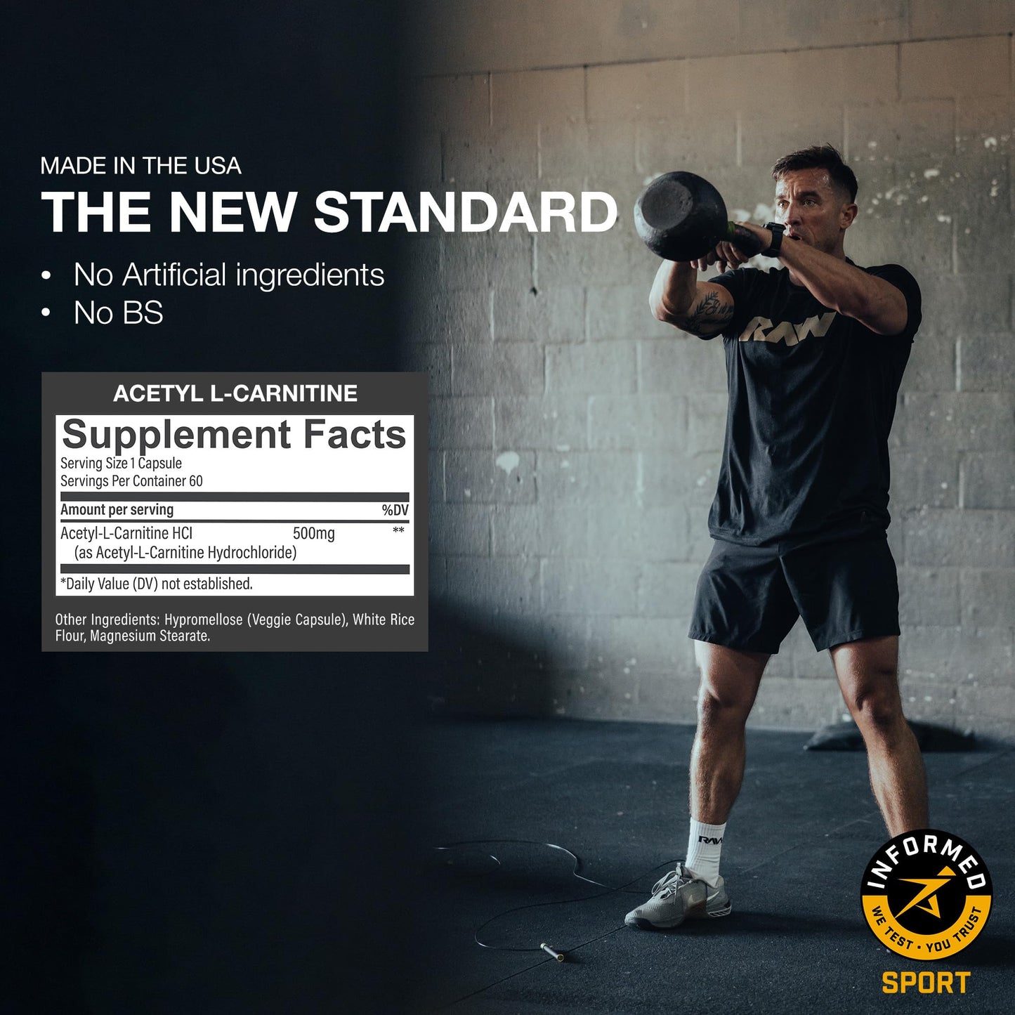 RAW Acetyl L-Carnitine Supplement, 500mg - Premium Cellular Energy Formula Boosts Cognition - Natural Energy Pills for Fatigue, Reduce Muscle Damage & Promotes Repair - 60 Capsules