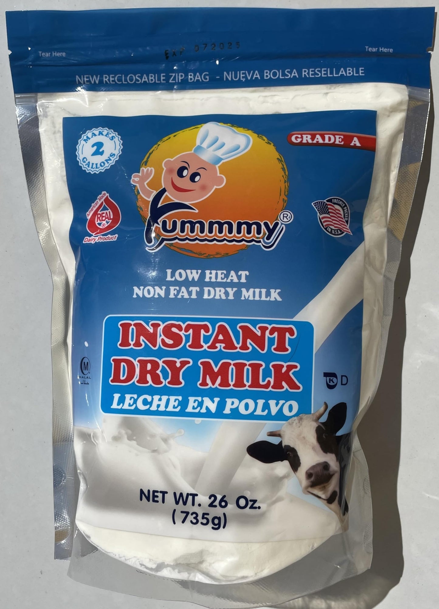 Yummmy Instant Nonfat 26 oz Powdered Dry Milk  Leche en Polvo 26 oz Grade A Kosher Halal Certified Product of USA