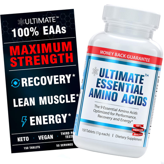Ultimate 100% Essential Amino Acid Supplement - 150 Easy-to-Swallow, 1g Coated Tablets - All 9 EAA with 40% Leucine in Optimized BCAA Ratio - Increase Energy, Lean Muscle & Recovery - Keto & Vegan