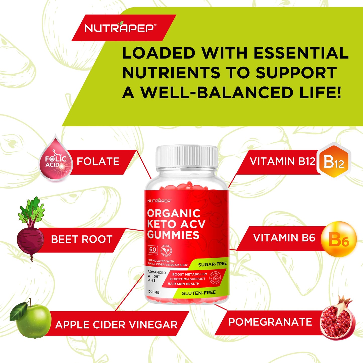 NutraPep Organic Keto ACV Gummies - Gluten-Free & Sugar-Free Apple Cider Vinegar Supplement for Women Men (1000MG)