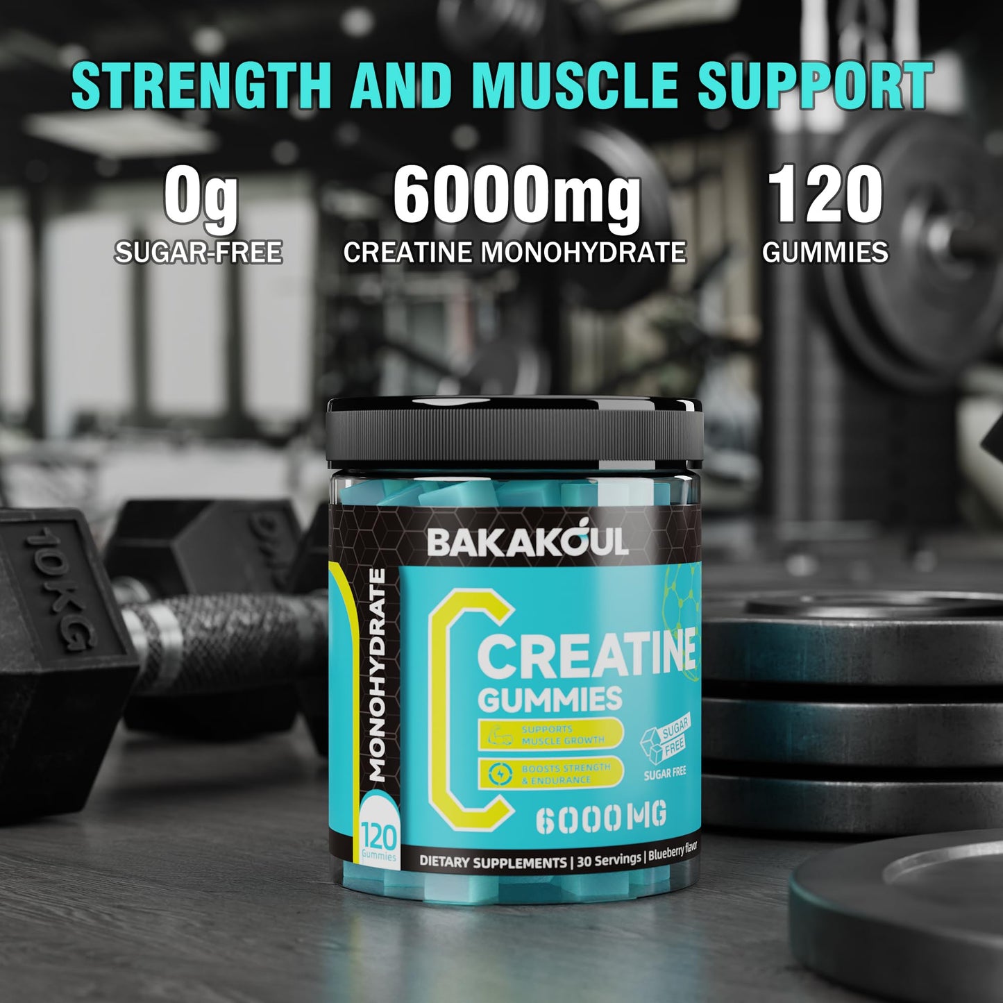 BAKAKOUL Creatine Monohydrate Gummies 5g for Men & Women - 120 Sugar Free Gummies with Magnesium Glycinate, L-Threonate, L-Taurine + Vitamin B12 for Muscle Support, Energy Boost, 2 Pack