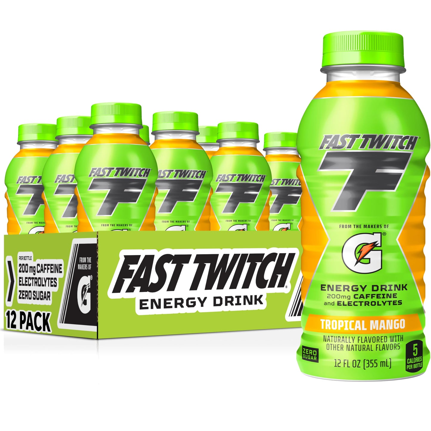 Fast Twitch Energy drink from Gatorade Tropical Mango 12oz Bottles 12 Pack 200mg Caffeine Zero Sugar Electrolytes