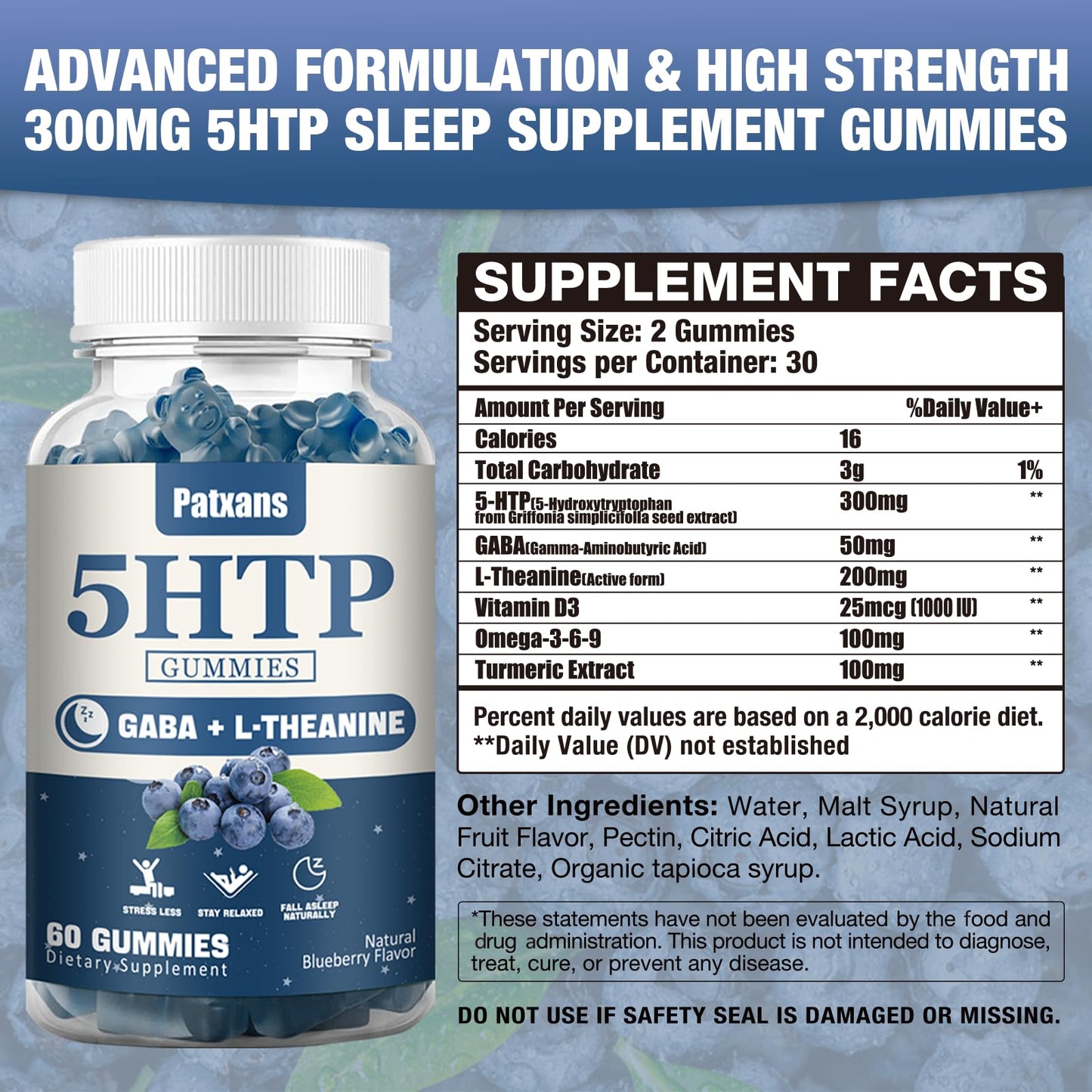 Patxans 1Pack 300MG 5HTP GABA Sleep Supplement Gummies, Melatonin-Free, Contains 200 MG L-Theanine, Sleep Supplement, Omega 3-6-9 for Natural Zzzs, 60 Counts, Blueberry Flavor