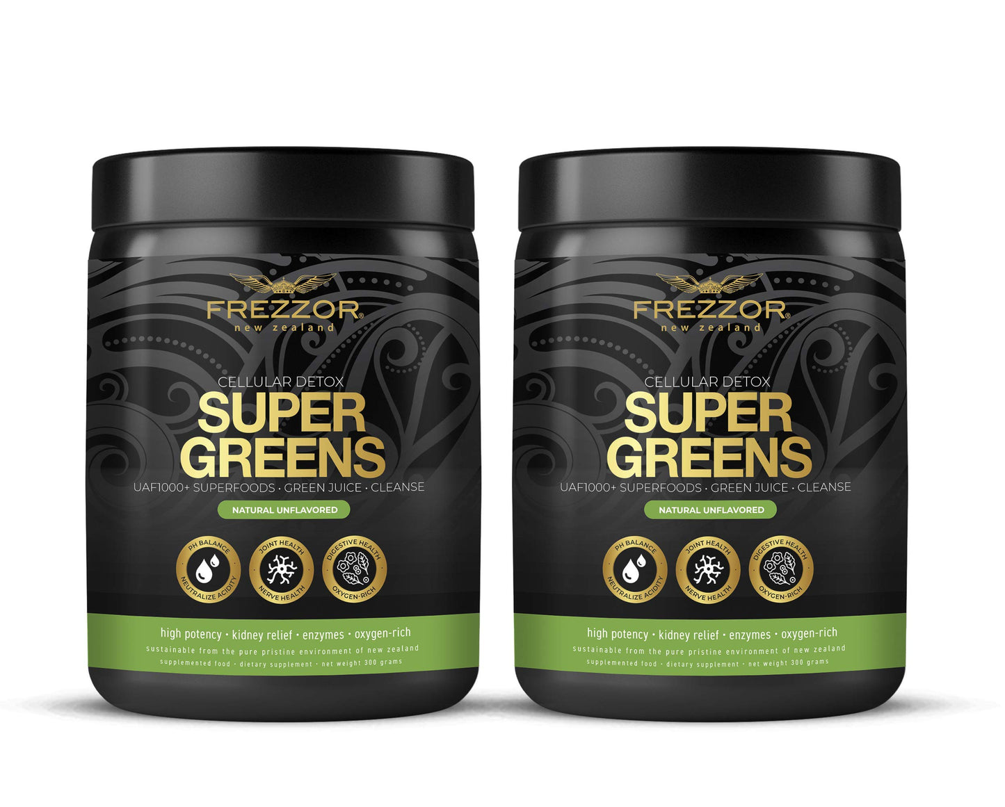 FREZZOR Super Greens Powder with UAF1000+, All-Natural New Zealand Green Fruit & Veggie Supplement, Energy, Essential Raw Veggies, ORAC Antioxidants, Enzymes, Detox & Cleanse, 600g, 60 Serves, 2 Jars