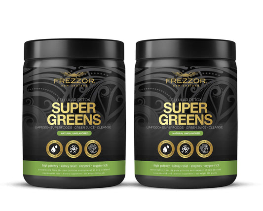 FREZZOR Super Greens Powder with UAF1000+, All-Natural New Zealand Green Fruit & Veggie Supplement, Energy, Essential Raw Veggies, ORAC Antioxidants, Enzymes, Detox & Cleanse, 600g, 60 Serves, 2 Jars