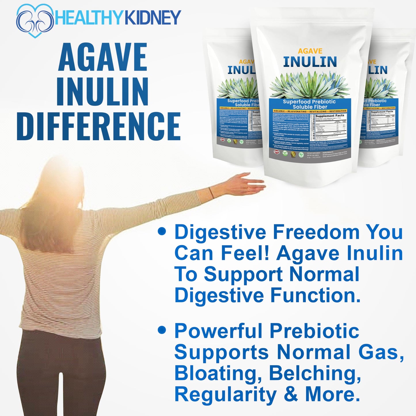 Kidney Restore Organic Inulin Powder (48oz/3 lbs) Gentle Agave Prebiotic Soluble Fiber Supplement for Digestive Support, Gut Health, Vegan Baking, Smoothies & Drinks